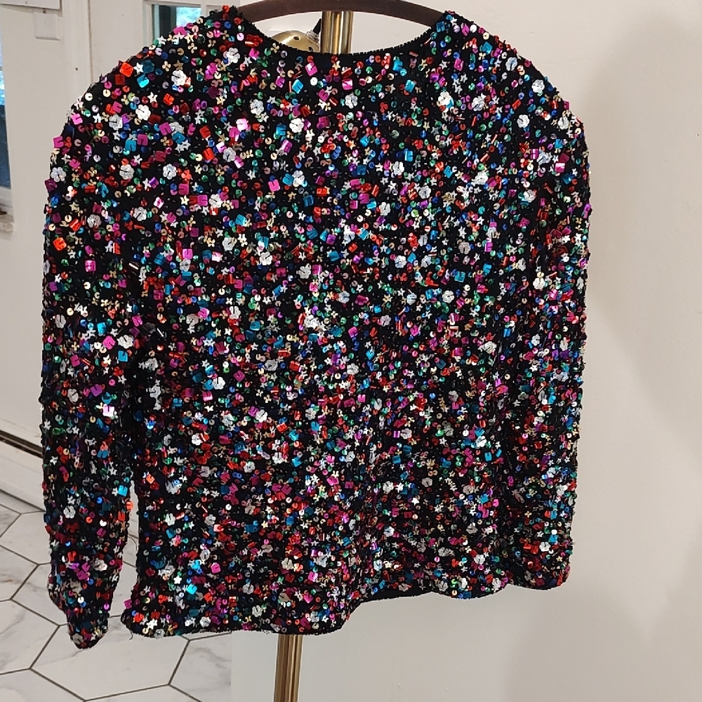Vintage Multicolor Sequin V Neck Blouse LP Holiday Boxy Sparkly - Picture 3 of 5